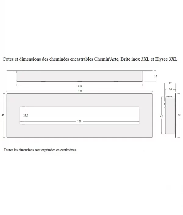 Dimensions de le cheminée electrique brite inox 3 XL elysee